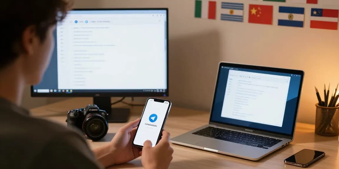 Setting up Telegram Chinese interface in a modern workspace with user-friendly tech elements.