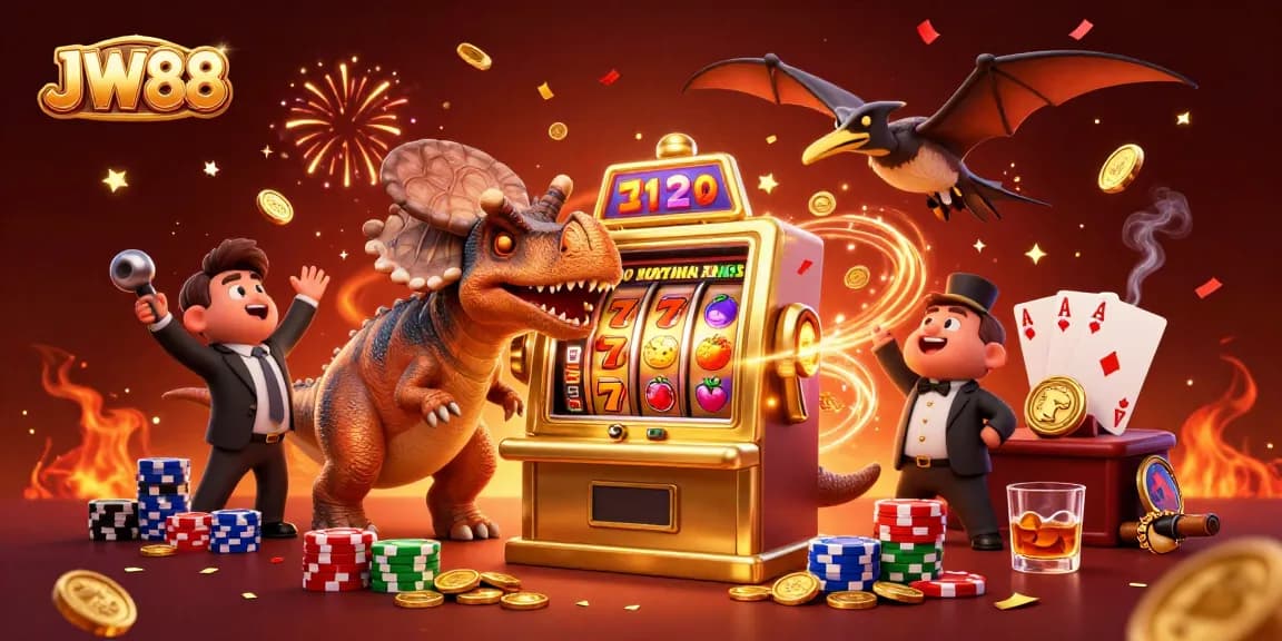 JW88 gaming excitement with a dinosaur celebrating a jackpot payout at a vibrant casino scene.