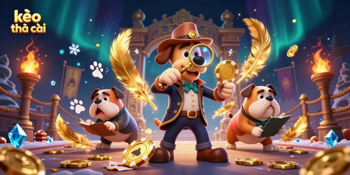 Betting with kèo nhà cái in a casino illustration featuring a detective bloodhound and bulldog amidst gold chips and clues.