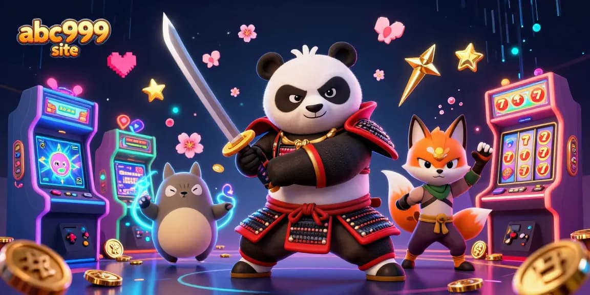 Engage with the exciting abc999 site featuring a dynamic 3D samurai panda and ninja fox amidst glowing gaming elements.