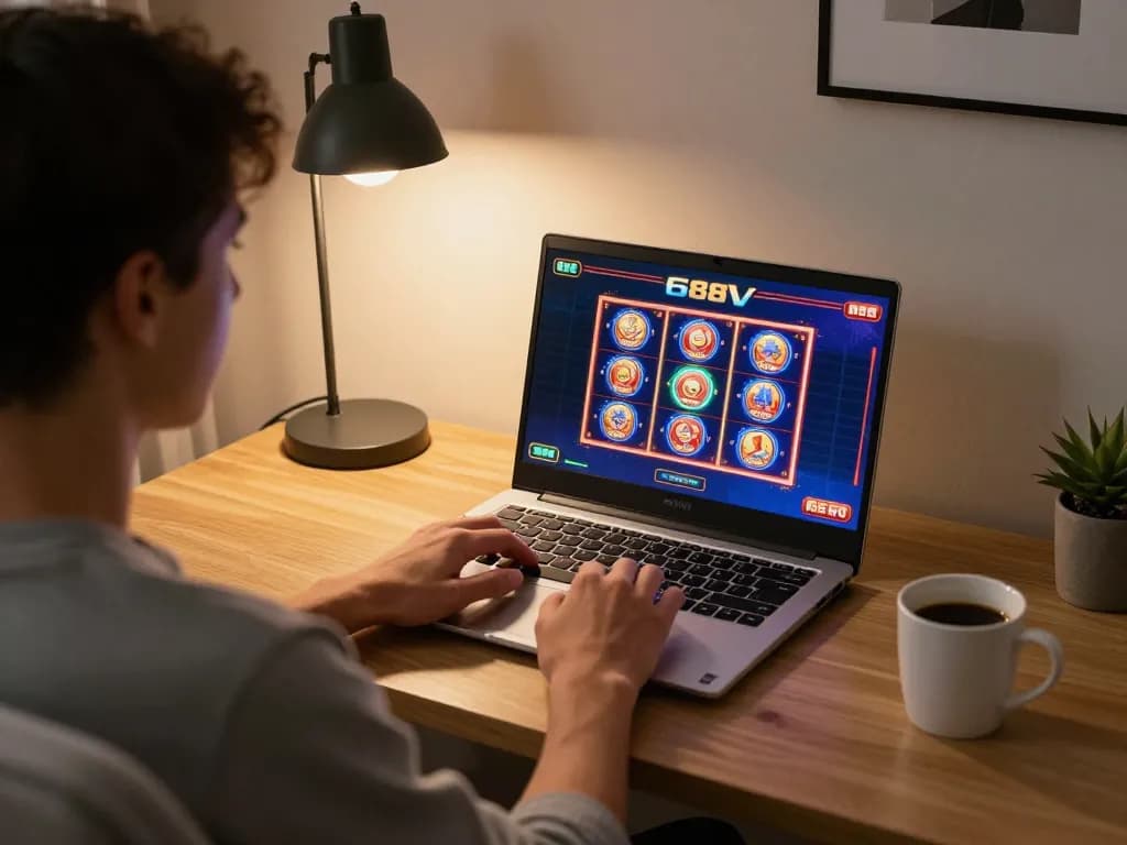 Engaging with 688V interactive online casino gaming on a laptop in a cozy home setting