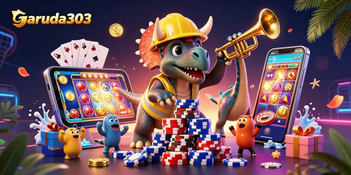 Join the fun at garuda303 with a triceratops building poker chips while surrounded by festive slot games and colorful elements.