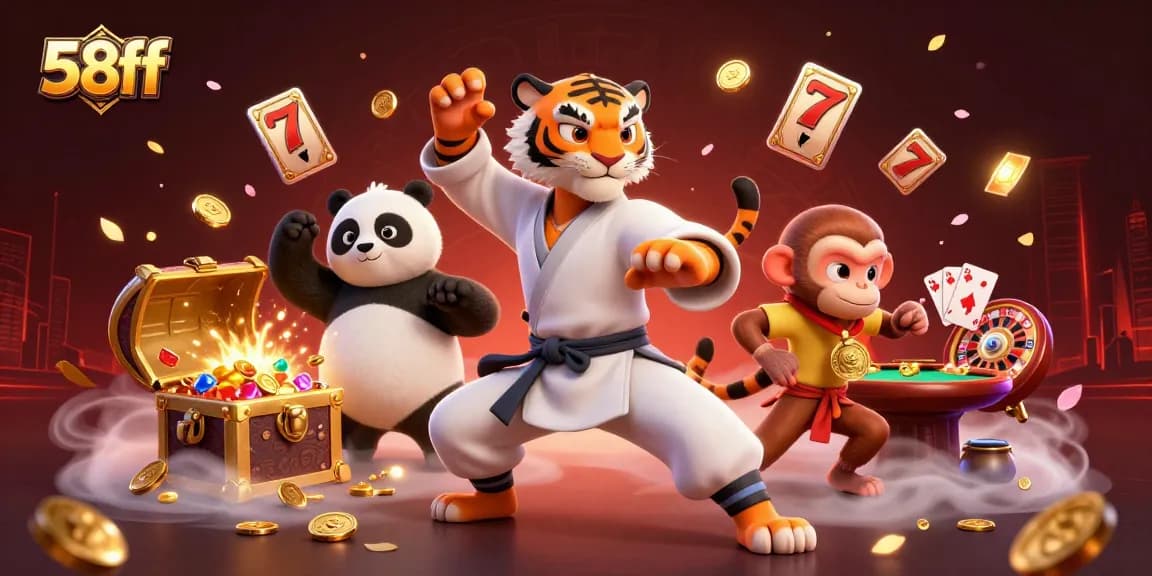 Engage with 58ff casino's dynamic gaming scene featuring playful tiger, panda, and monkey among slots and roulette.