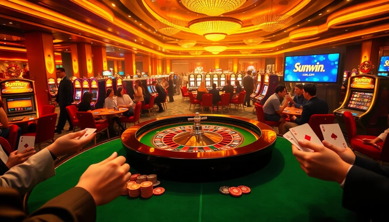 Players engaging in games at sunwin19.cn.com casino, featuring vibrant slot machines and a roulette table.