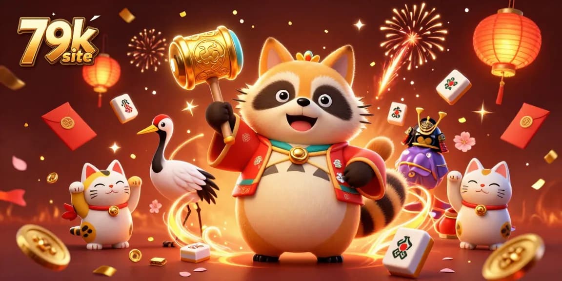 Play at 79k site to win big with festive casino illustrations featuring lucky symbols and characters.