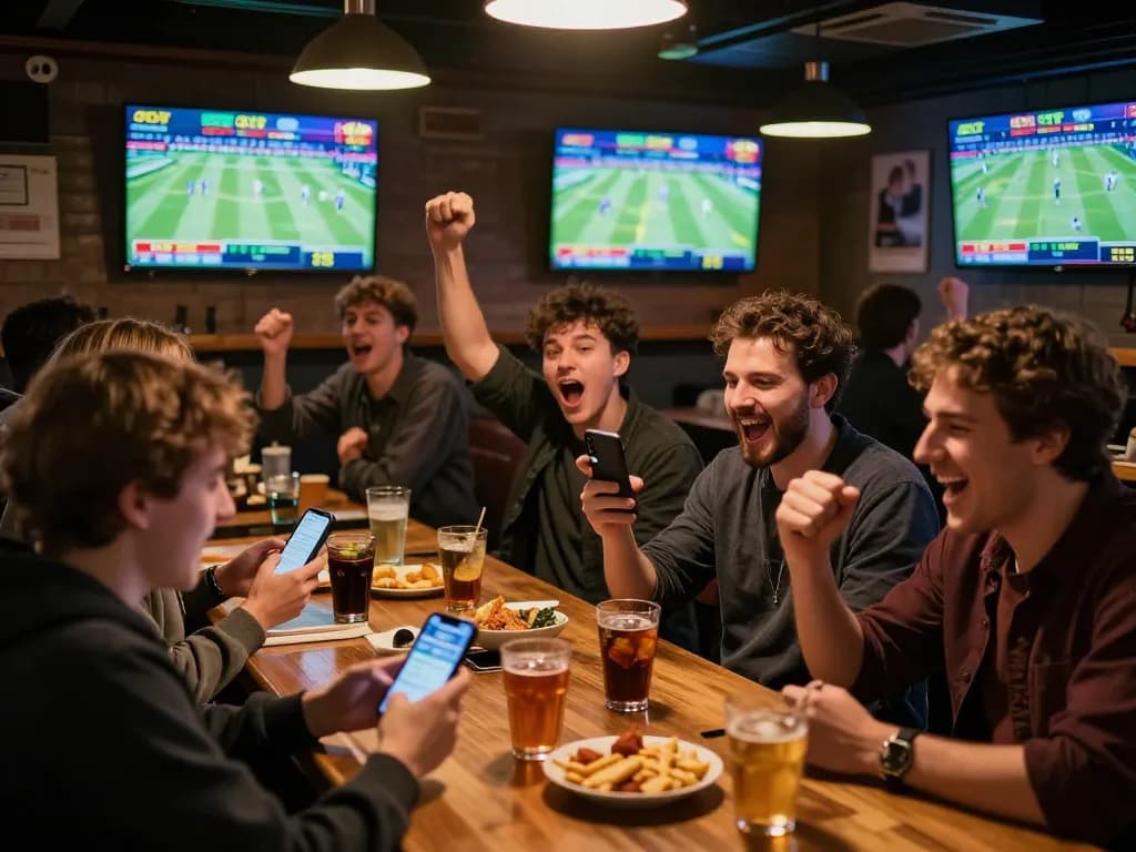 Engaged bettors cheering for wins while using the oxbet platform in a lively sports bar.