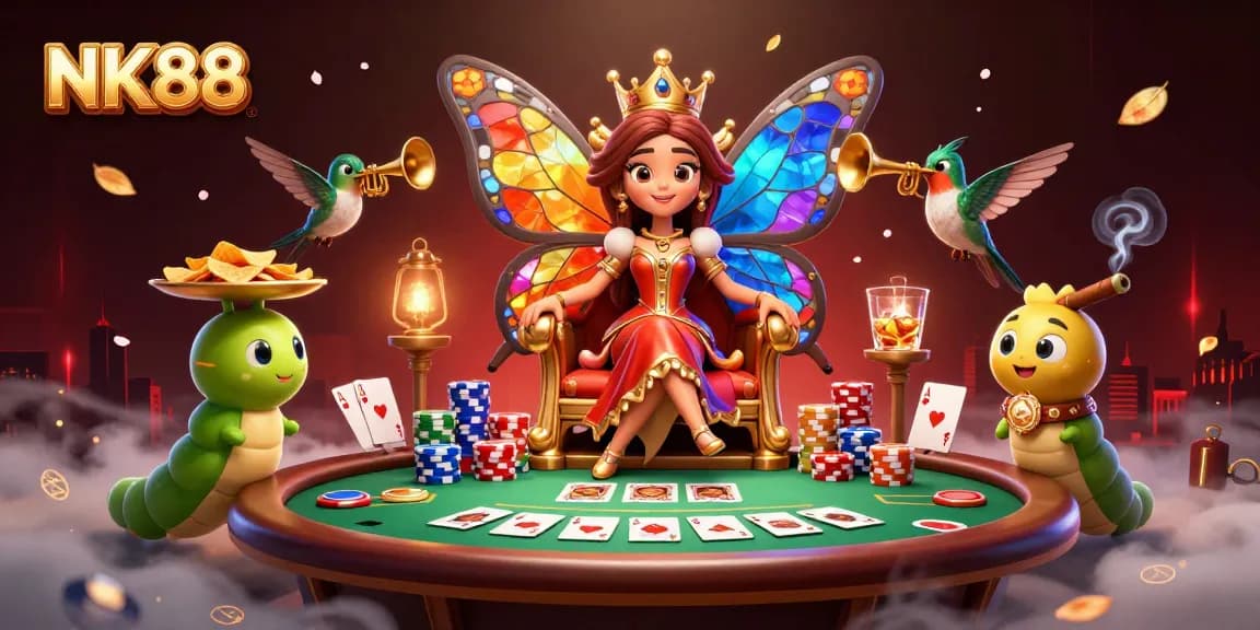 Experience ultimate thrill at NK88 with a mesmerizing butterfly queen and vibrant poker scene.