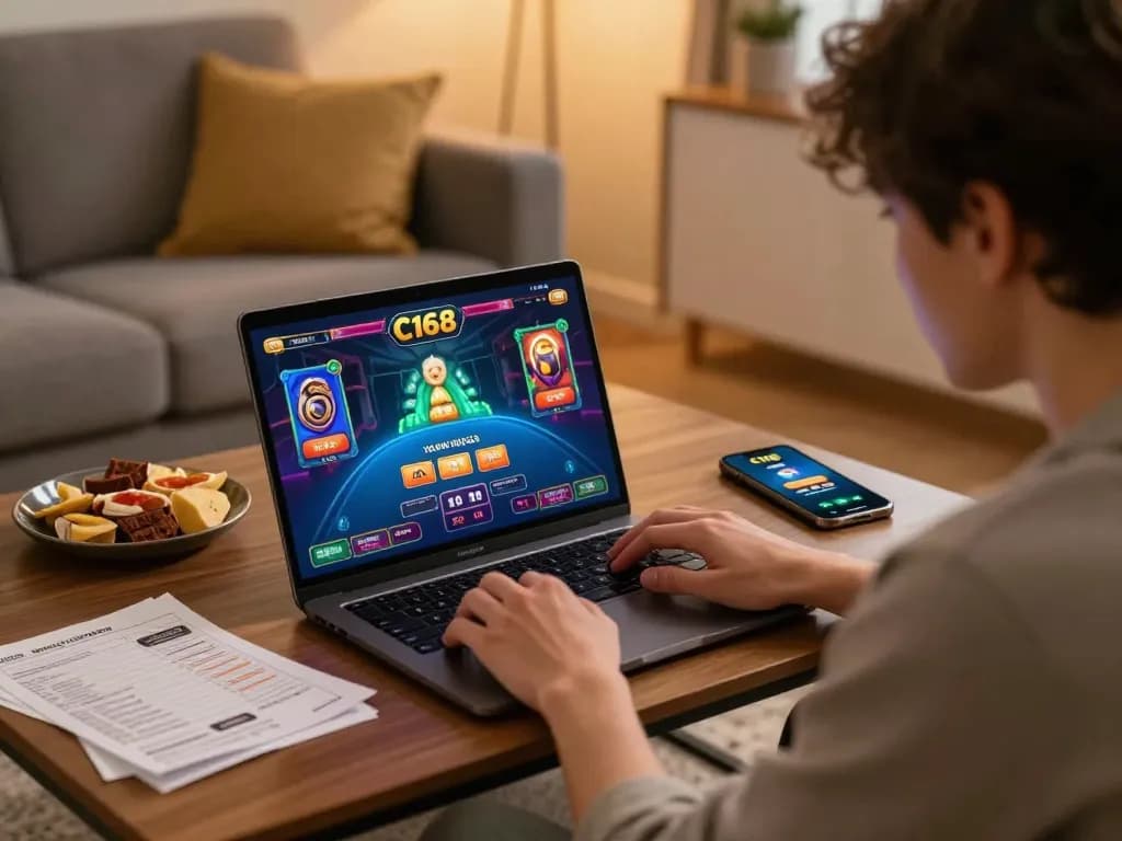 C168 online gambling gameplay scene with a player focused on their laptop and strategies visible.