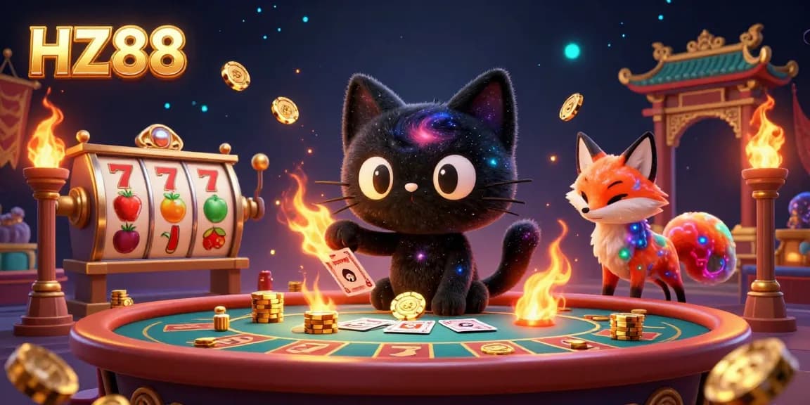 Experience HZ88 with the cosmic casino, where a black hole cat pulls in winnings amidst vibrant game elements.
