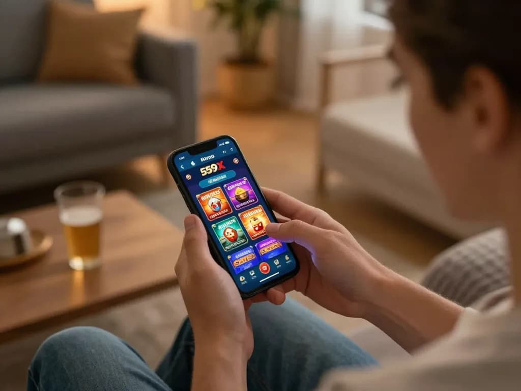Using the aplicativo 559X for online gaming on a smartphone in a cozy home environment.
