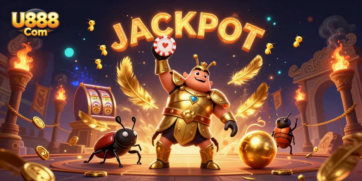 Experience the thrill at U888 Com with a 3D cartoon hercules beetle celebrating a jackpot victory.