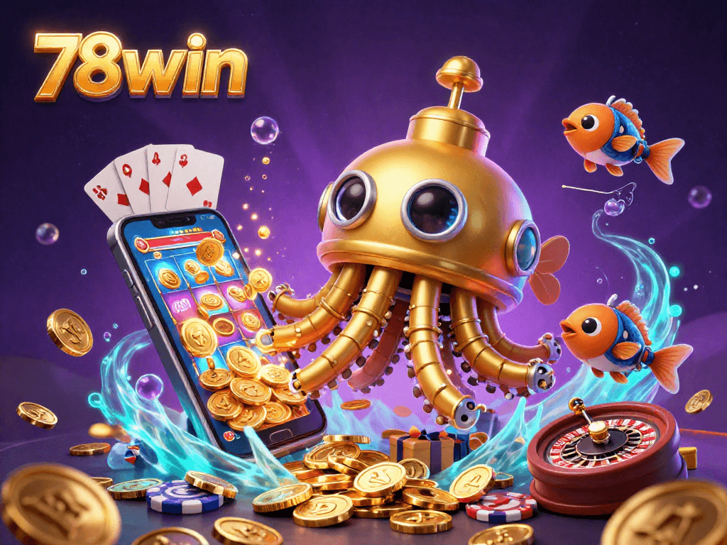 Spin the reels with 78win's dynamic 3D scene featuring a golden kraken and slot game excitement.