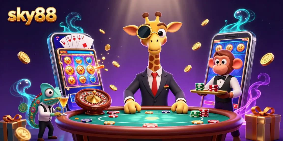 Experience thrilling gaming with sky88: high-roller giraffe, monkey valet, and chameleon bartender at play.