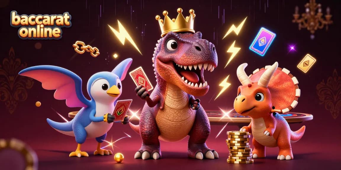 Baccarat online fun with a friendly T-Rex and pterodactyl in a vibrant casino scene showcasing neon elements.