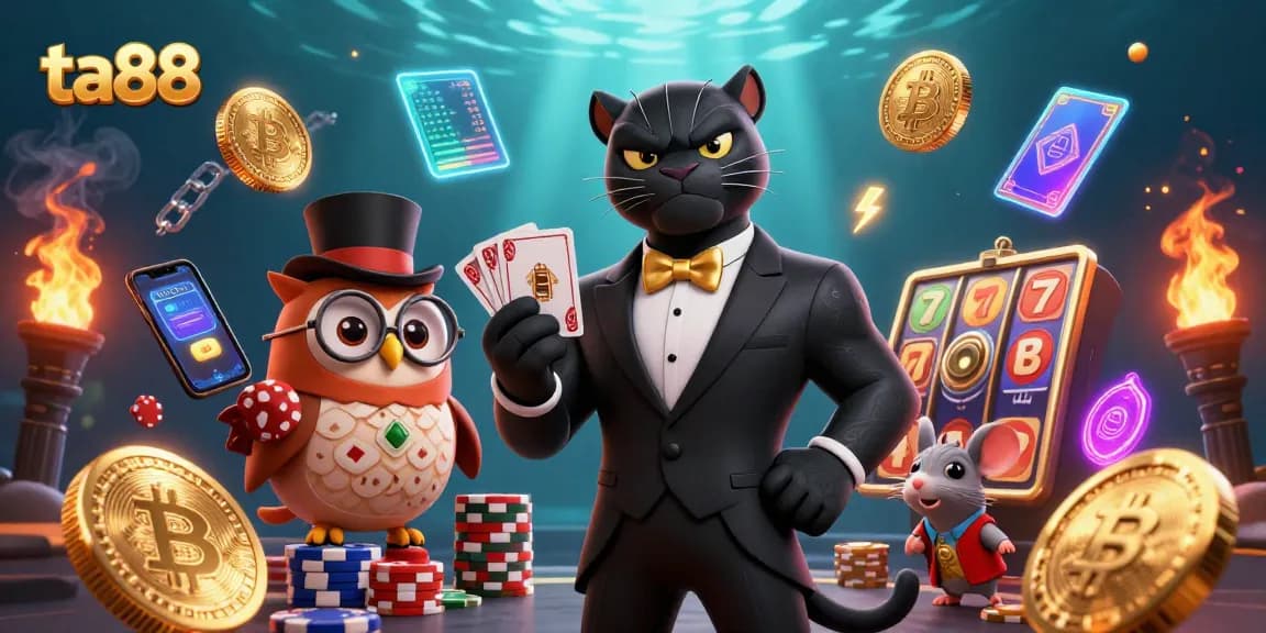 ta88 crafts a vibrant scene with a stylish panther, owl, and mouse stacking poker chips