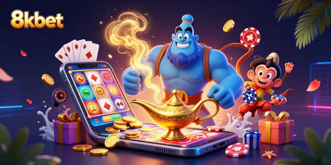 8kbet's dynamic casino experience illustrated with a powerful genie, colorful slot game, and vibrant poker chips.