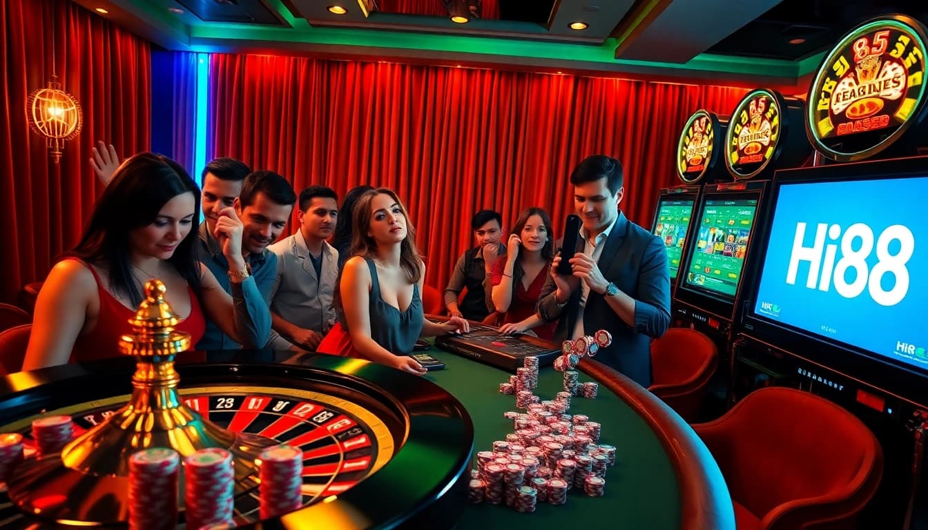 Casino excitement with players enjoying games at Hi88, featuring vibrant roulette and poker elements.