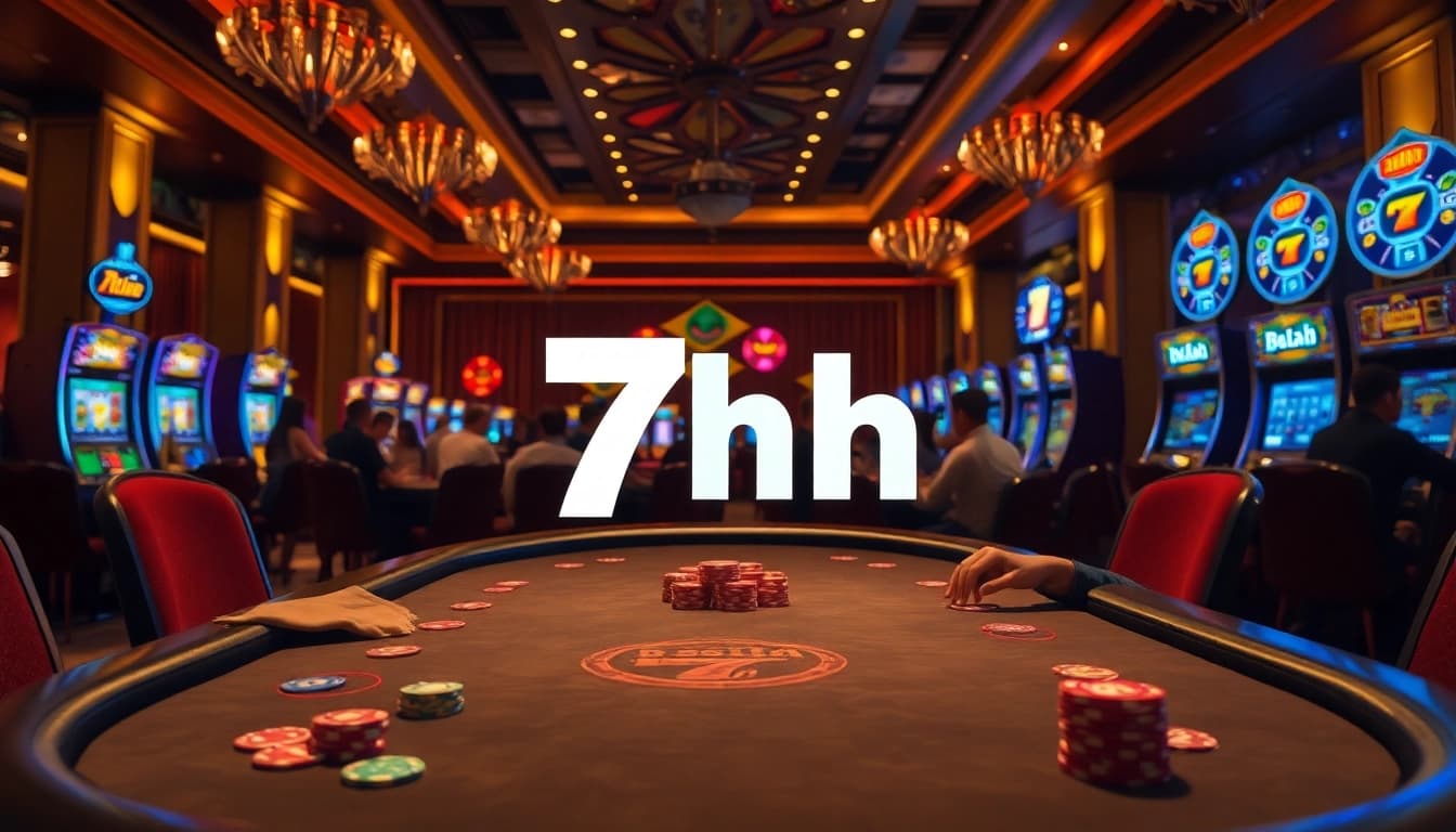Experience the thrill of gambling at 7hh with vibrant slot machines and a high-stakes poker table.