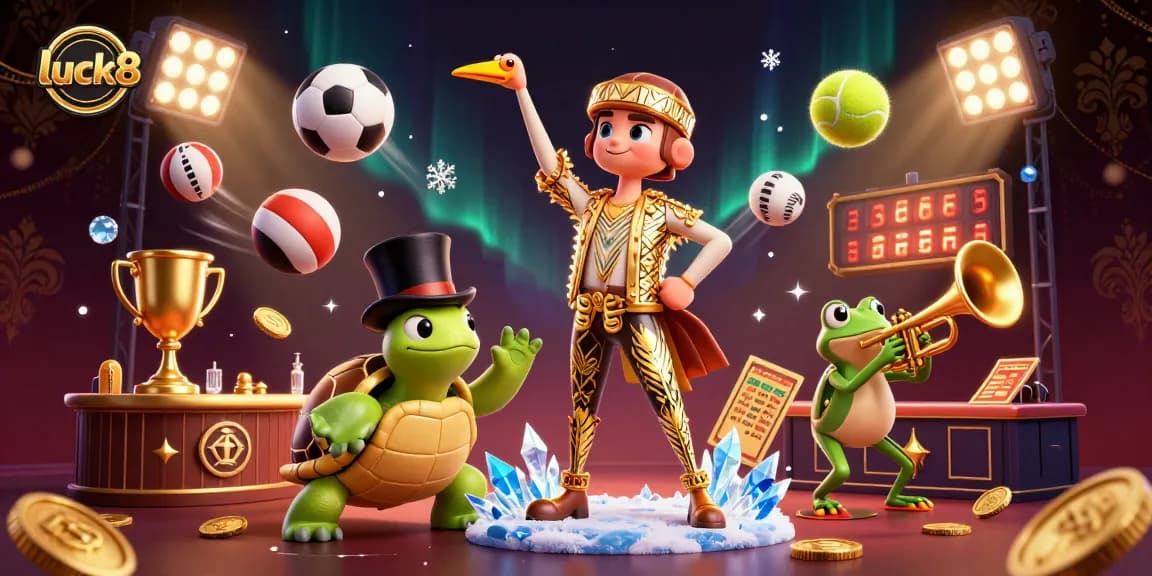 Experience the excitement of luck8 with a vibrant casino scene filled with animated characters and gaming elements.