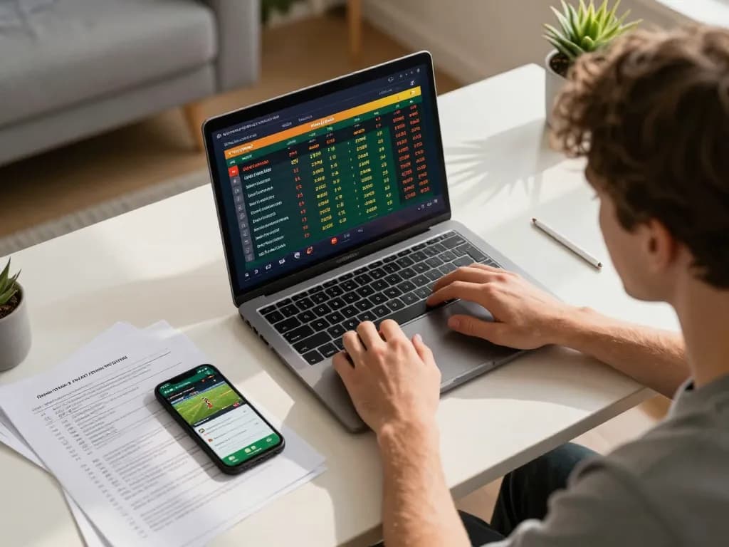 Person analyzing tỷ lệ kèo while actively betting on sports using a laptop in a cozy home office.