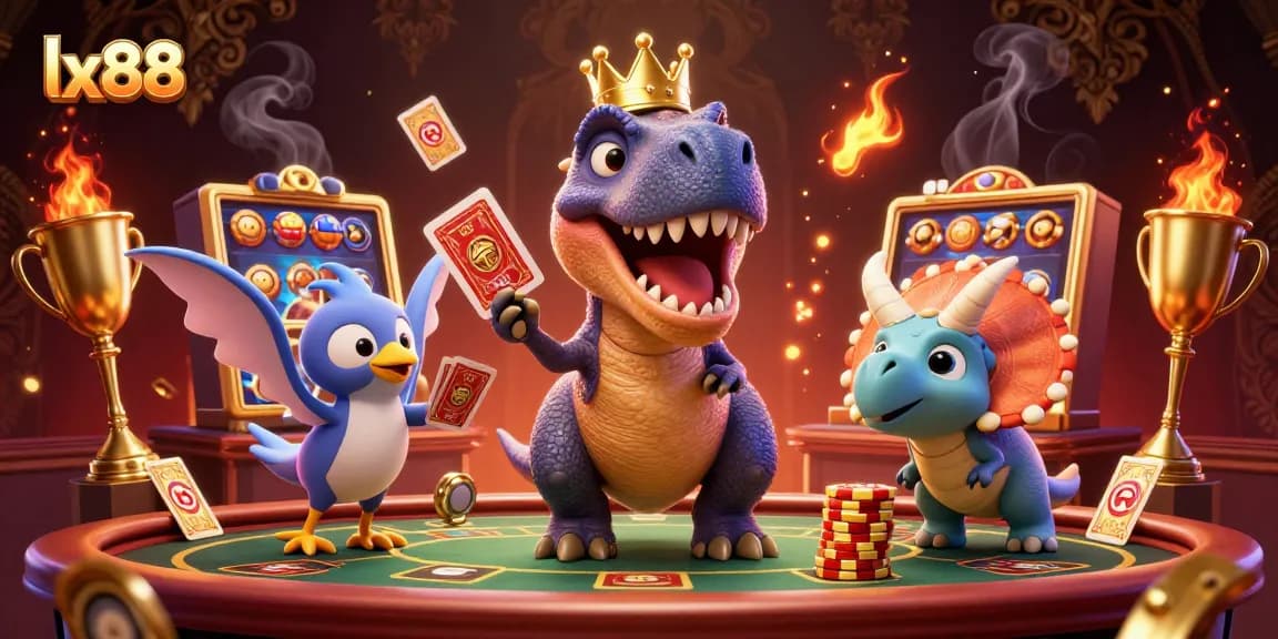 Engage in thrilling casino games with lx88's animated characters in a dynamic scene.