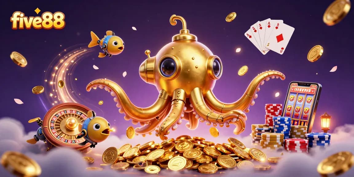 Experience thrilling wins with five88's vibrant casino scene featuring golden kraken and dynamic games.