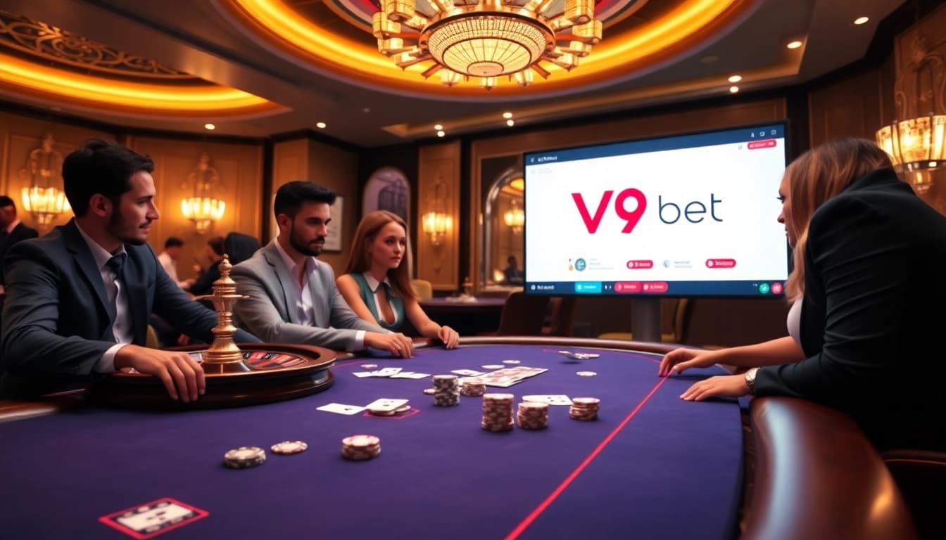 Experience the thrill of v9 bet with an exciting poker game and roulette action in a luxurious casino setting.