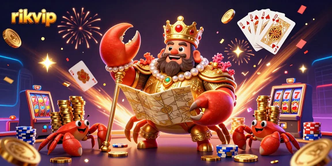 Experience the excitement of rikvip as the golden crab emperor leads a treasure hunt in a vibrant casino atmosphere.