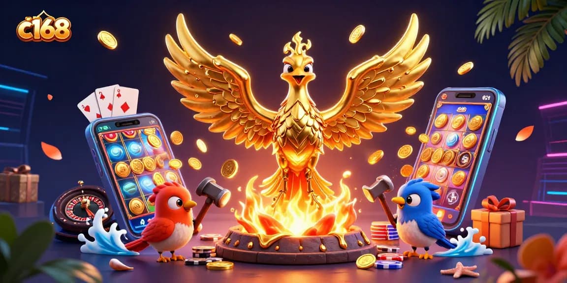 Experience the thrill of c168 with a molten golden phoenix in a vibrant casino scene.