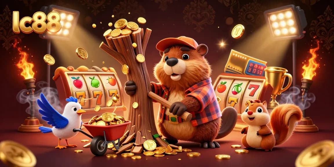 Win big at lc88 with a lively scene showing a beaver, bird, and squirrel celebrating casino victories with coins.