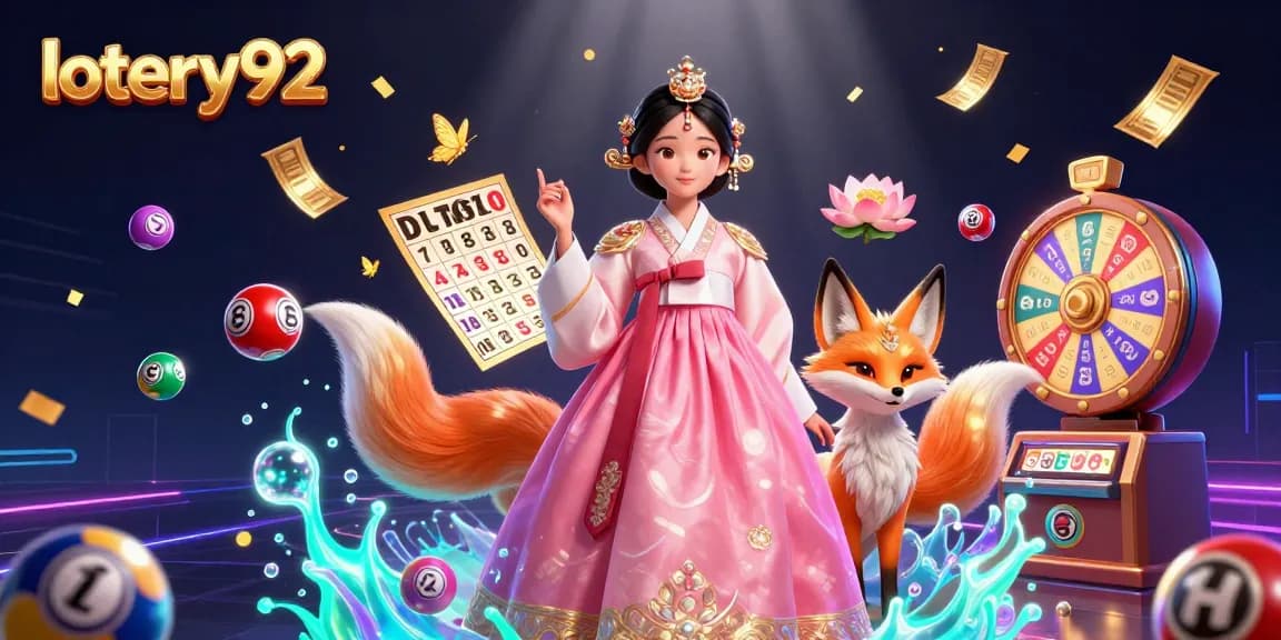 Experience lotery92 with vibrant lottery balls, magical fox, and an elegant lady in a stunning 3D illustration.