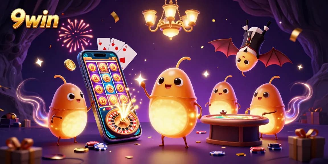 Experience the excitement at 9win with glowworms illuminating a vibrant casino, showcasing slot games and dazzling designs!