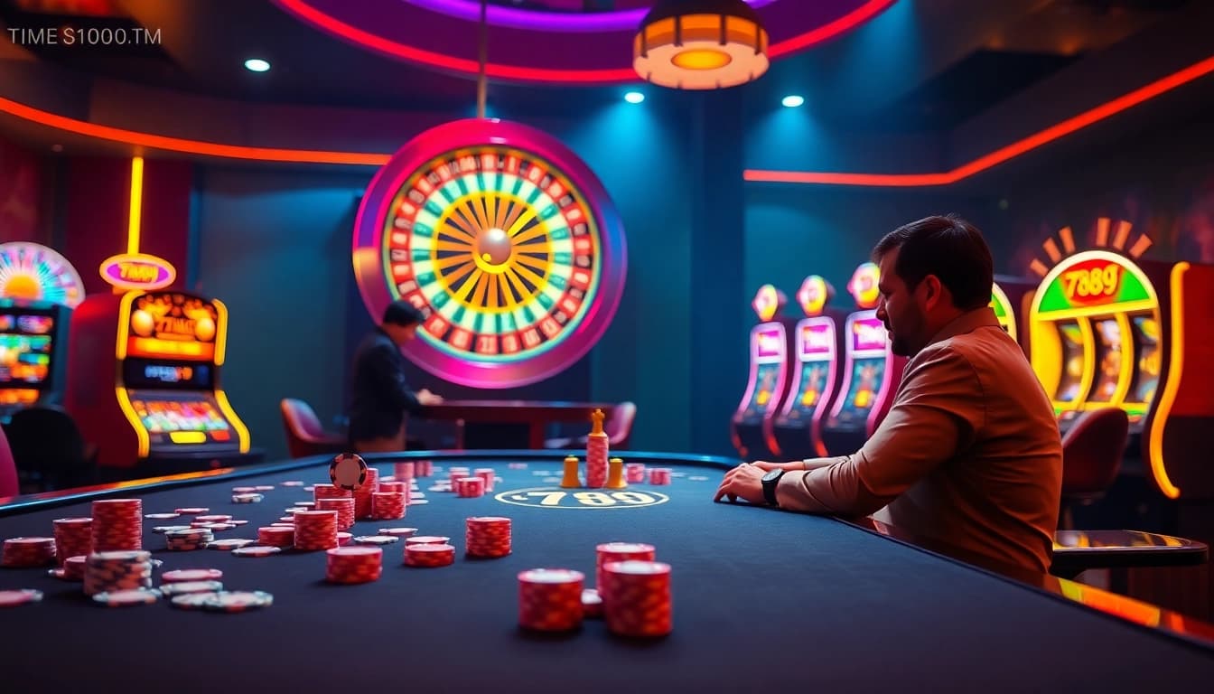 Players strategizing at a casino table with vibrant chips highlighting 789f's exciting gaming experience.
