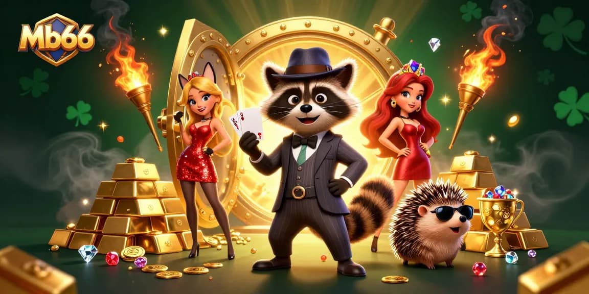 Mb66 raccoon and fox celebrating big wins with shining treasures in a vibrant casino scene.