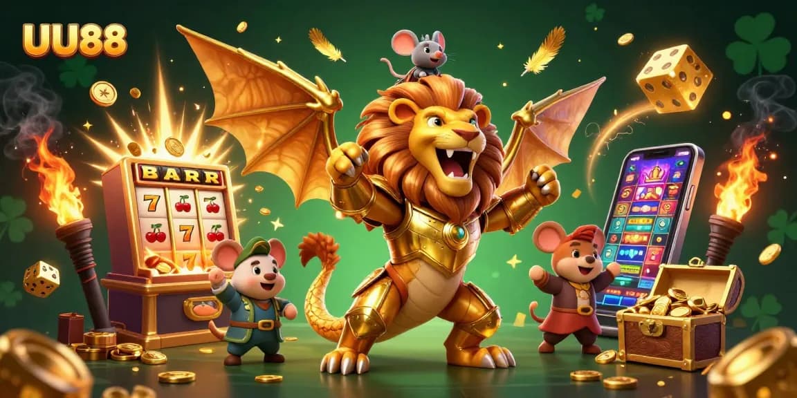 Experience thrilling jackpots with UU88, featuring a mighty chimera and dynamic casino elements.
