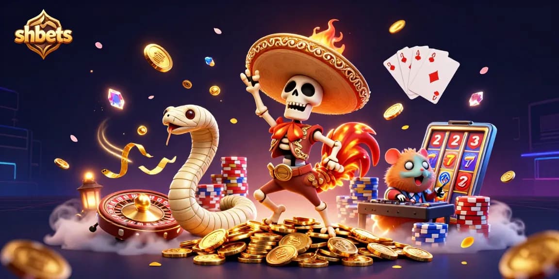 Experience thrilling wins with shbets, showcasing 3D characters celebrating amid casino magic.