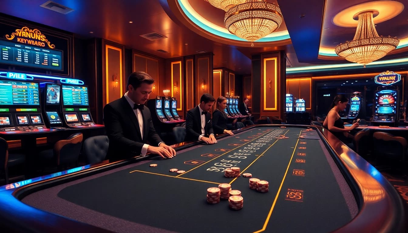Experience high-stakes gaming at 69 VN's luxurious online casino, complete with tables and vibrant slot machines.
