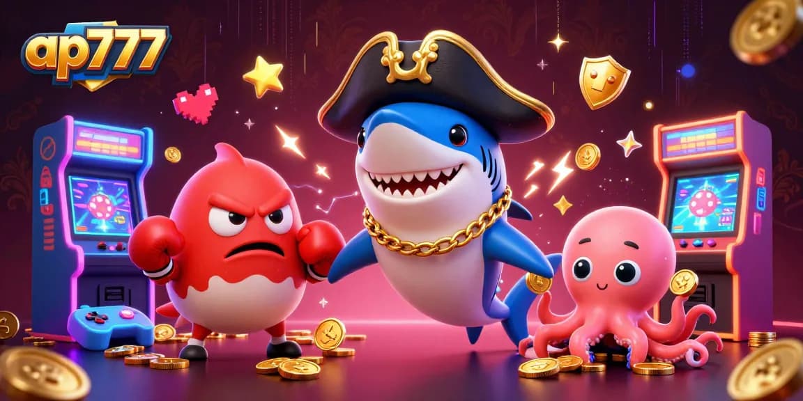 Gire para vencer no ap777 com um divertido tubarão pirata e um bebê polvo em uma cena colorida de cassino.