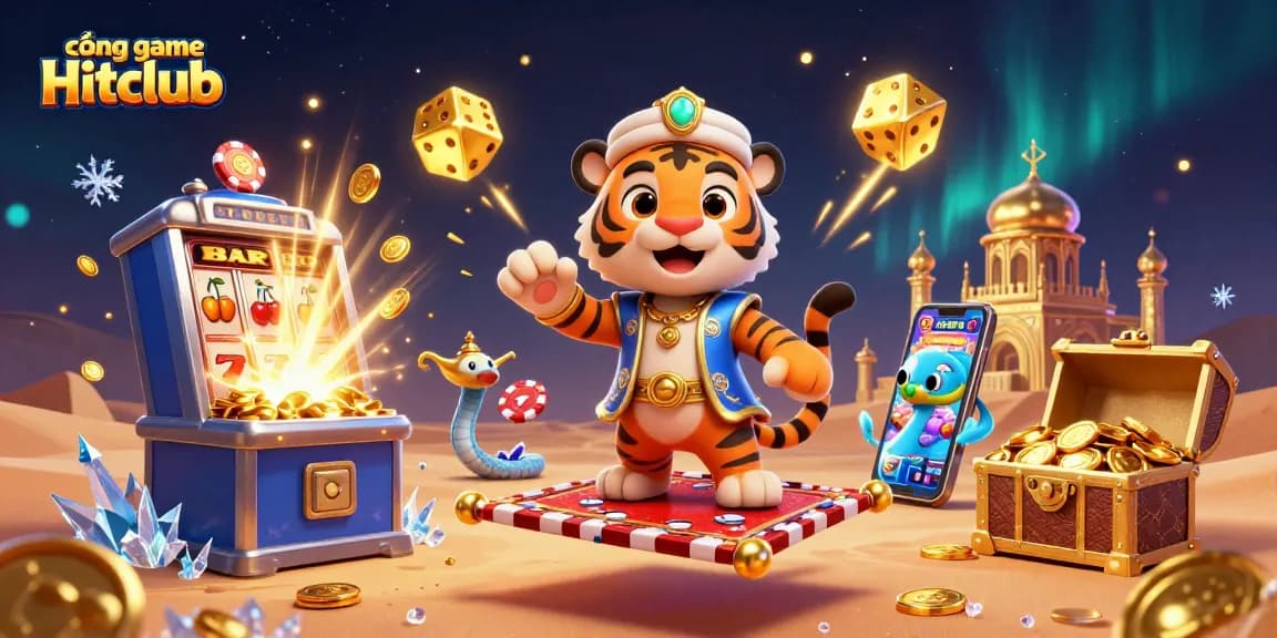 Cổng game Hitclub showcases vibrant casino elements with a magical Arabian theme, inviting players to enjoy gaming adventures