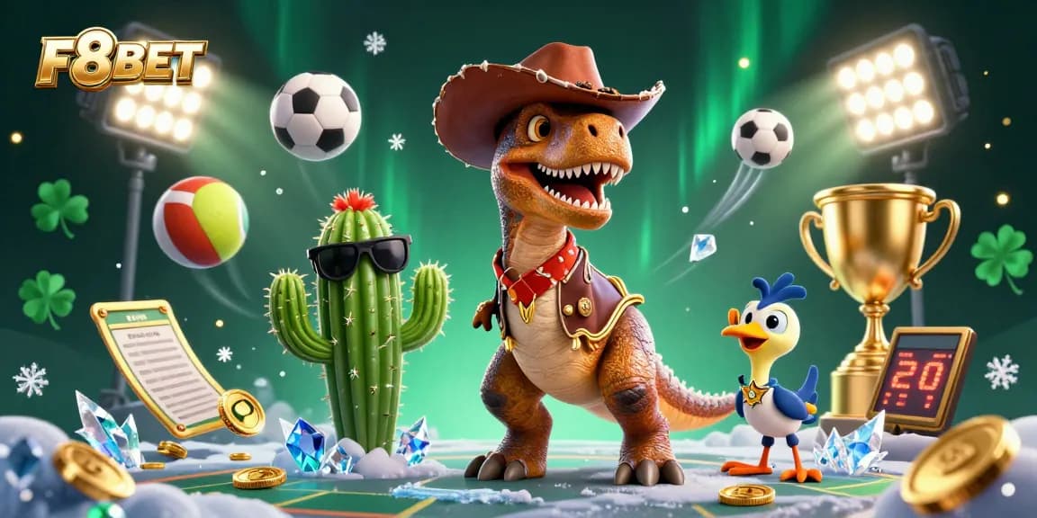 F8BET presents an exciting scene with a dinosaur and friends inside a bustling casino atmosphere.