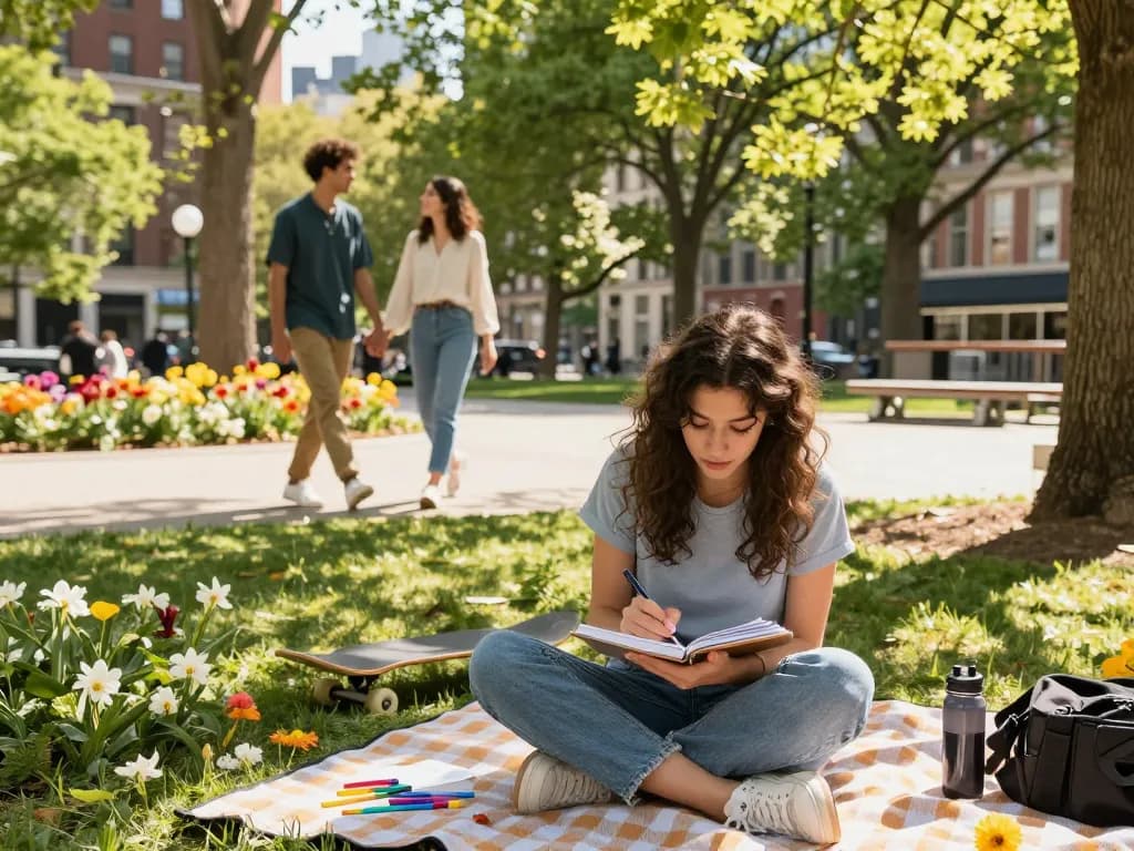 Young woman in city park writing about her crush on a sunny day surrounded by nature.