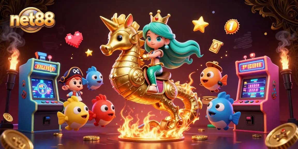 Engage with net88's vibrant 3D casino scene featuring a mermaid princess, seahorse, and gamified elements.