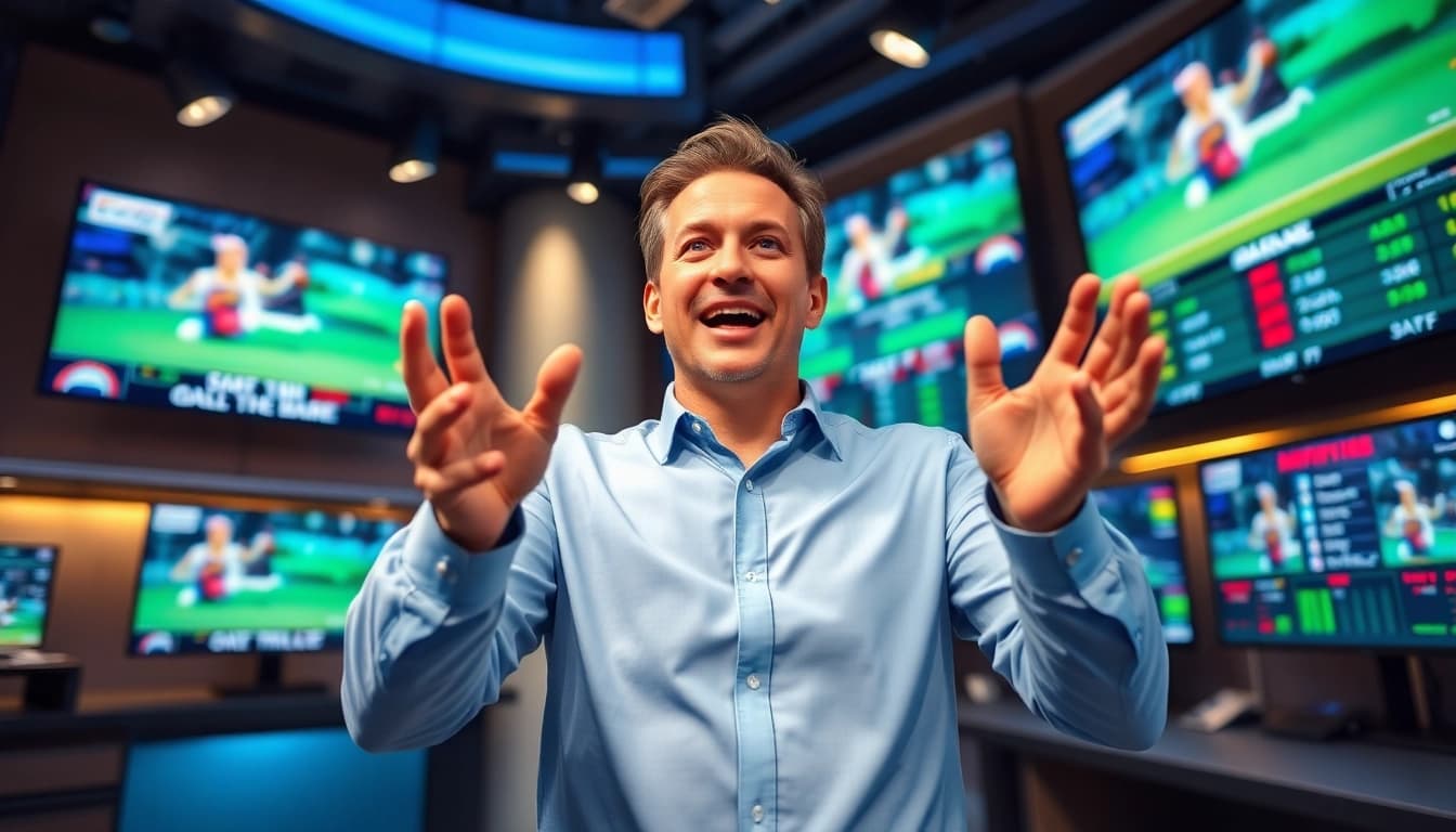 Engaging announcer in sports broadcasting studio with live game displays and dynamic lighting.