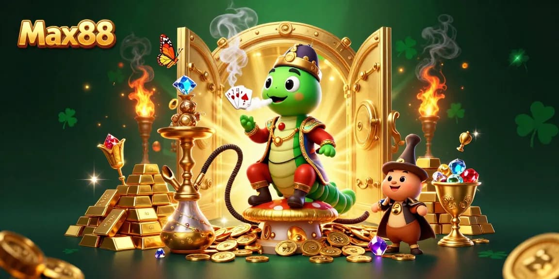 Max88 showcases a vibrant 3D illustration of a casino scene with a caterpillar master and gold elements.