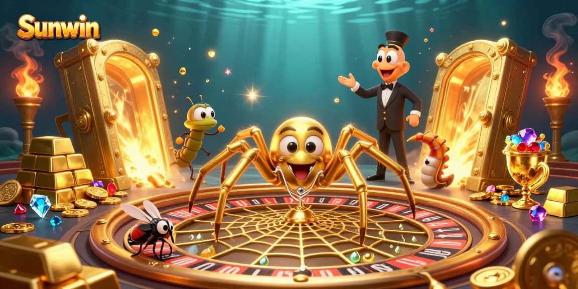 Sunwin offers a thrilling casino experience with vibrant characters and golden treasures in this immersive illustration.