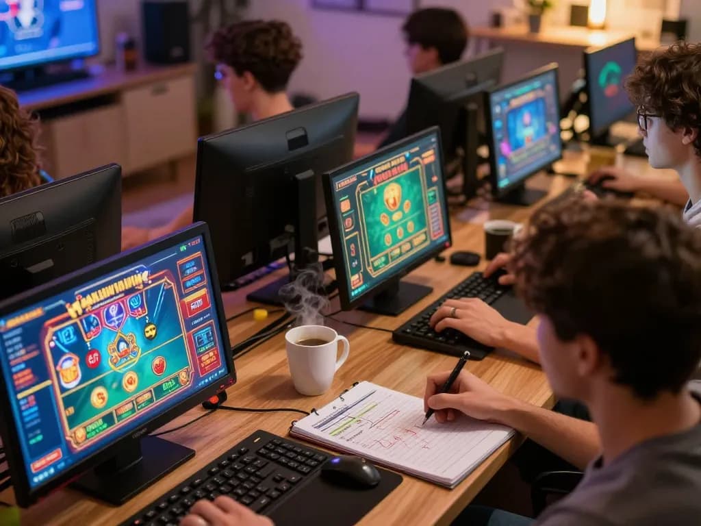 Players engaging with Sunwin gaming interface in a vibrant home setting with strategy notes.