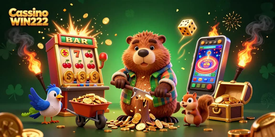 Cassino WIN222 offers vibrant 3D scenes of gaming excitement with iconic elements like slots and coins.