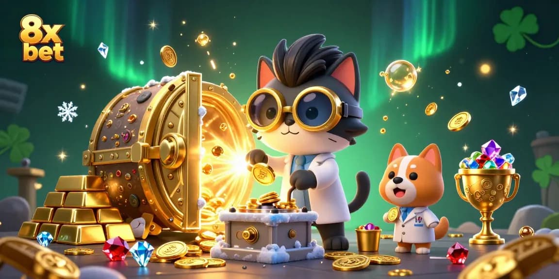 Experience 8x bet excitement with a mad scientist cat and loyal dog in a dynamic casino scene full of treasures.