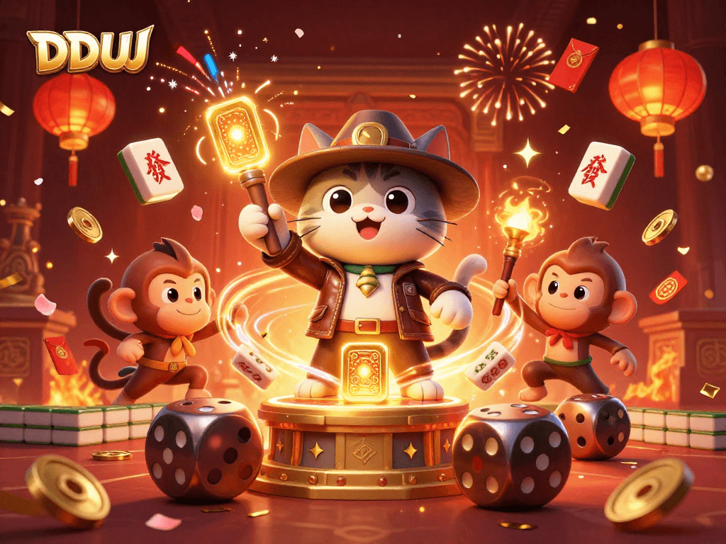 Experience thrilling slots at DDUU, a vibrant 3D casino scene bursting with energy and unique treasures.