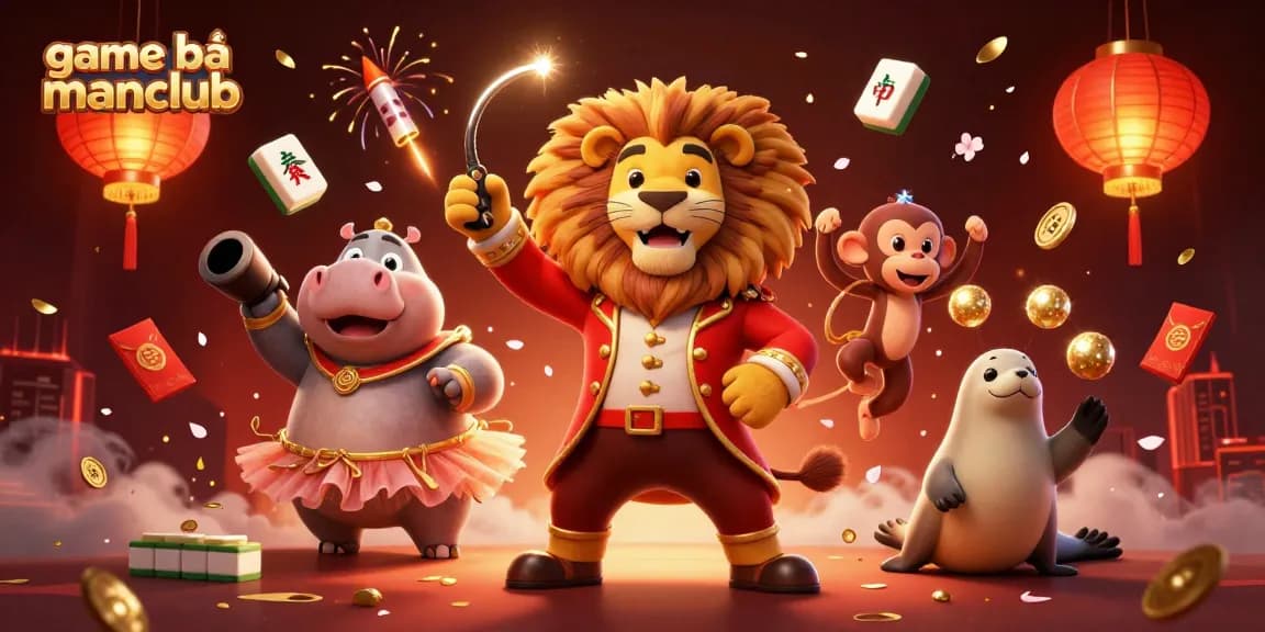 Engage in thrilling game bài manclub with a lively circus scene of characters and festive elements.